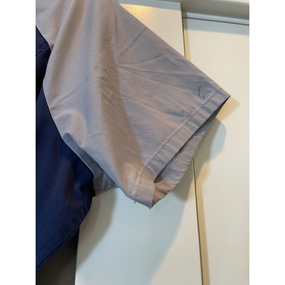 Butter-Soft Stretch Scrub Top Womens 2X Navy Blue Grey Colorblock V-Neck Pockets - Picture 8 of 11
